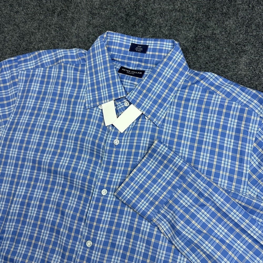 Peter Millar Collection Men's L Blue Plaid Long Sleeve Button Down Double Rivers